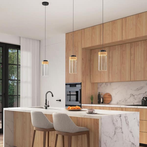 Hanson 14-Watt 1-Light Modern Black and Wood 5CCT Integrated LED Hanging Pendant Light with Clear Glass Shade
