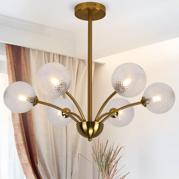 PAKOKULA 6-Light Brushed Gold Clear Textured Glass Globe Chandelier for Living Room with no bulbs included