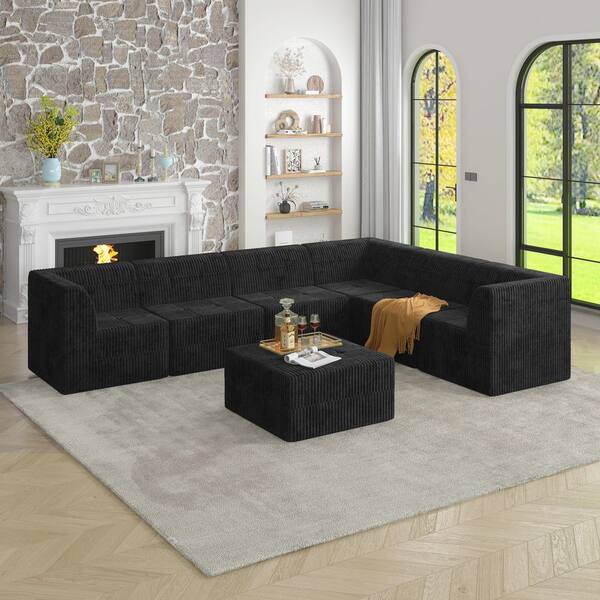 97.3 in. Corduroy Modular DIY Compressed Sectional Sofa in Black