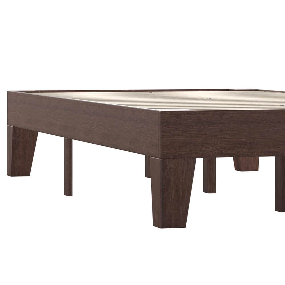 Walnut Twin Wood Platform Bed with Headboard and Drawer