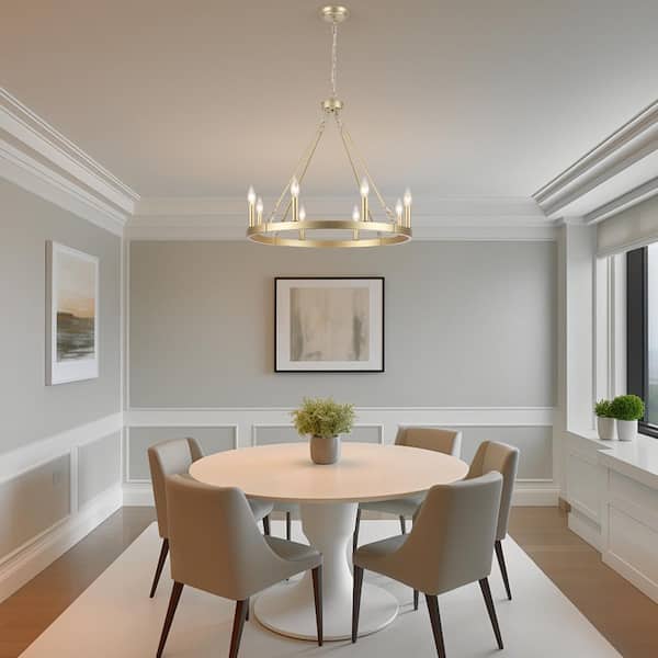 8-Light Gold Circle Candle Design Linear Chandelier Lighting Wagon Wheel Chandelier for Kitchen Island