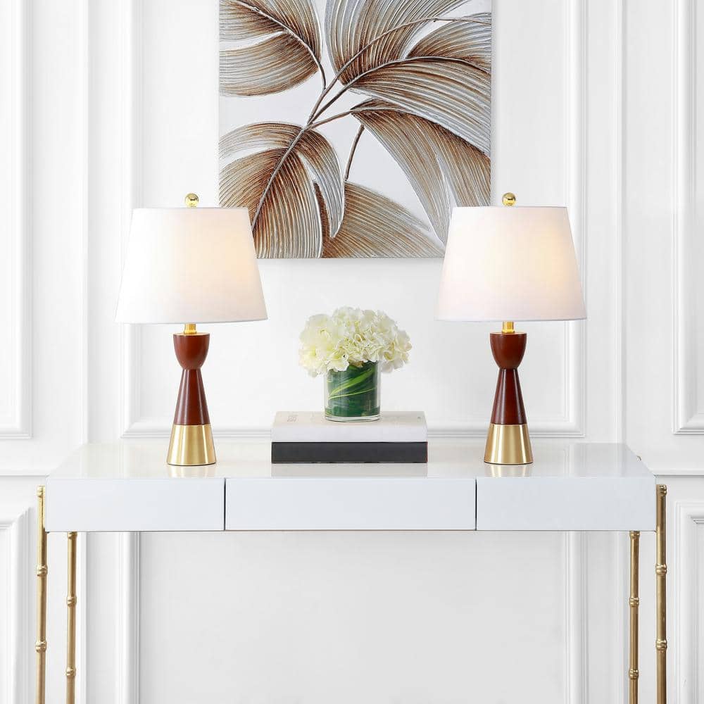 Elegant Geometric Brown and Brass Gold Table Lamp Set with White Linen Shade
