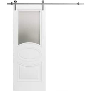 32 in. x 96 in. 1 Panel Frosted Glass Painted White Solid MDF Sliding Barn Door with Hardware Kit