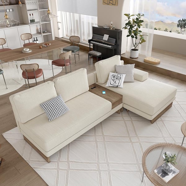 Harper & Bright Designs 114 in. Square Arm Corduroy Fabric L-shaped Sectional Sofa in. Beige with USB Ports and Sockets, Drawer