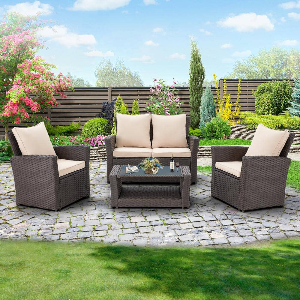 4-Piece Plastic Patio Conversation Set with Beige Cushions