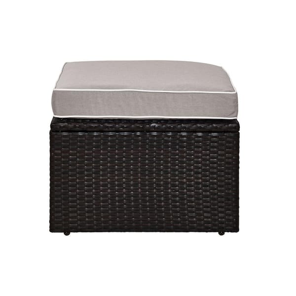 Palm Harbor Wicker Outdoor Patio Ottoman with Grey Cushions