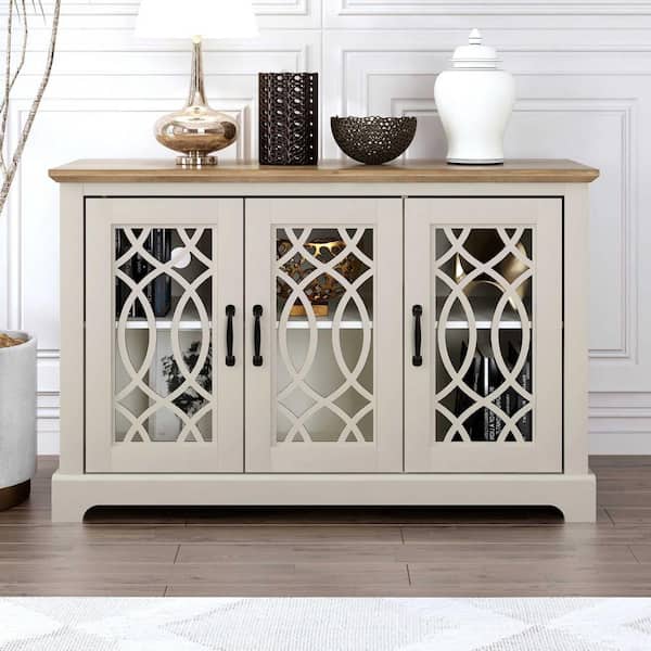 GALANO Raccon Ivory and Knotty Oak Wood 45.7 in. 3-Doors Sideboard with Adjustable Shelves