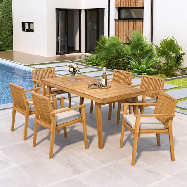 Unbranded Durable Natural 7-Piece Wood Outdoor Dining Set with Beige  Cushions ZN-2976