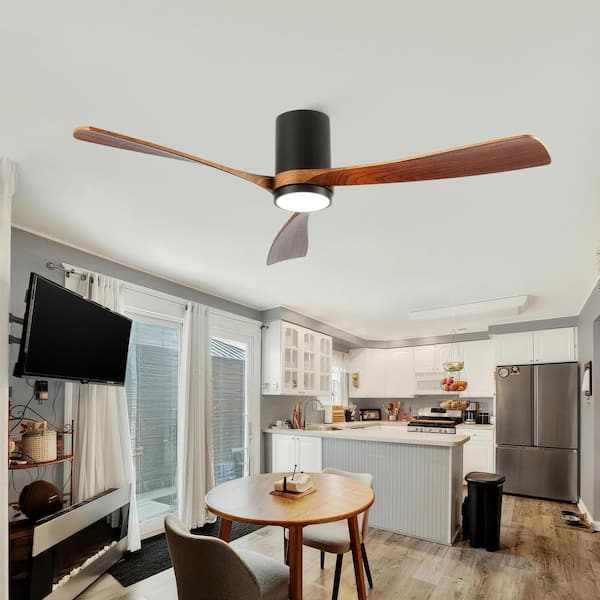 60 in. Black 3 Wood Blades Flush Mount Standard Ceiling Fan with Full Spectrum LED Light and Remote Control Included