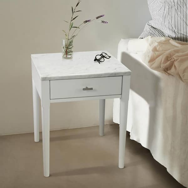 AndMakers Alto 22 in. Carrara White Square Italian Marble Side Table with White Legs