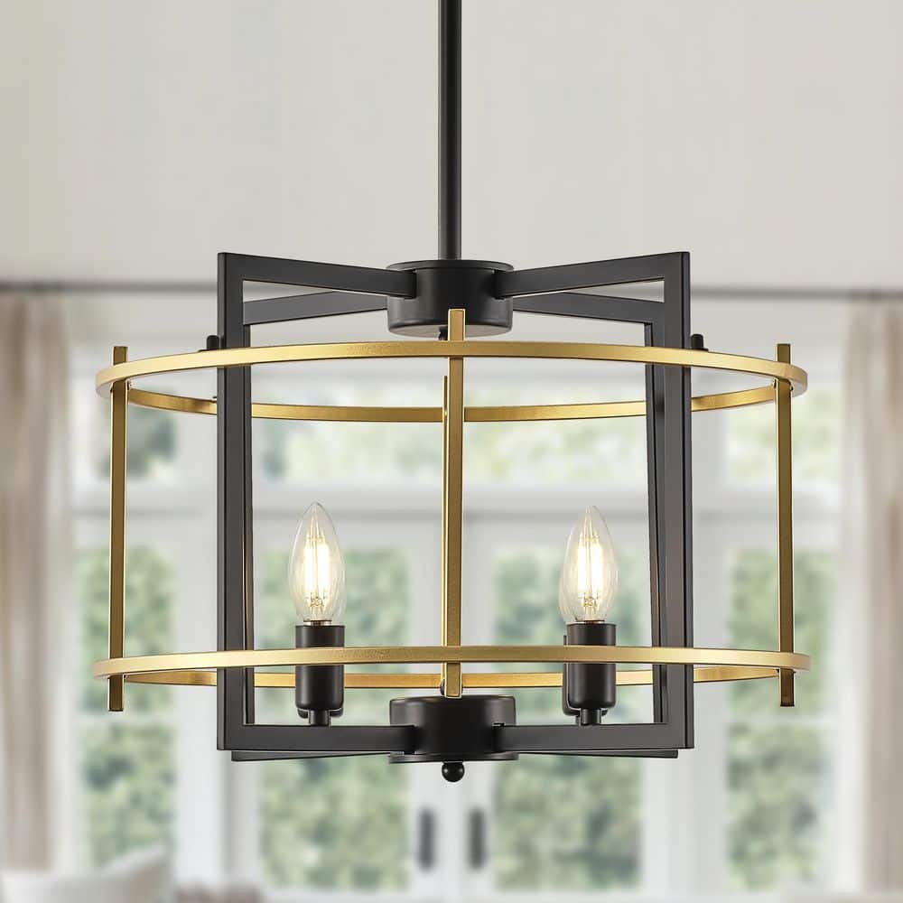 TinHon 4-Light Modern Black and Gold Drum Chandelier Pendant with Chain ...