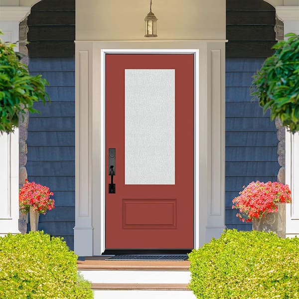 Legacy 36 in. x 80 in. Universal Handing 3/4 Lite Rain Glass Morocco Red Finish Fiberglass Front Door Slab