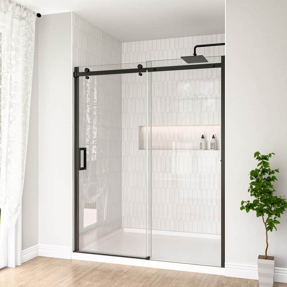 Matte Black Semi-Frameless Sliding Shower Door with Clear Glass