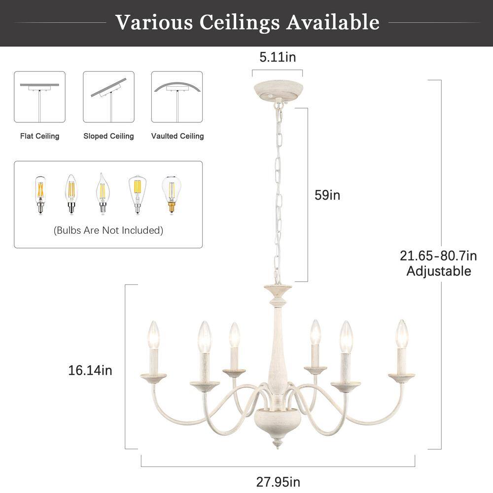 Distressed Cream 6-Light Candle Style Metal Chandelier
