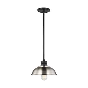 Dustin 1-Light Brushed Nickel Hanging Pendant with Metal Shade and Matte Black Accents