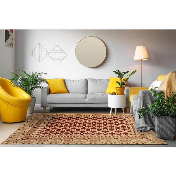 EORC Red 8 ft. x 10 ft. Hand Knotted Wool Traditional Khotan Weave Area Rug