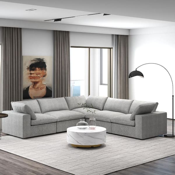 J&E Home 5-Piece Gray Linen Modular Free Combination Sectional Sofa Living Room Set with Removable Covers