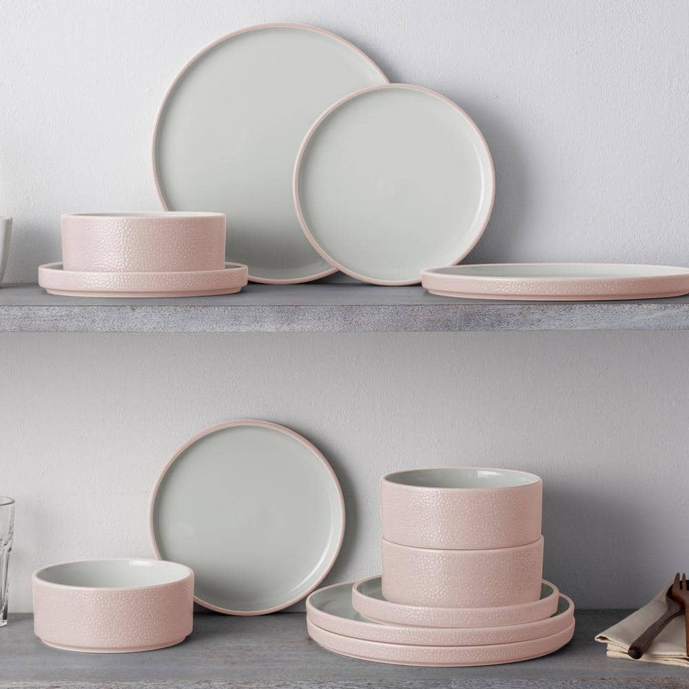 Blush and White Porcelain 12-Piece Textured Dinnerware Set