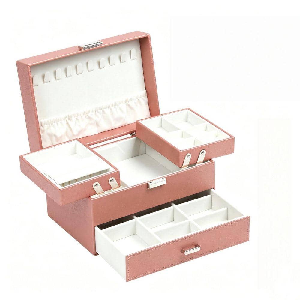 Rose Gold 9.1 in. x 5.7 in. 3-Tier Leather Jewelry Organizer with Drawer and Removable Metal Stand