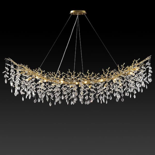 72 in. 20-Light Dimmable Tree Branches Crystal Linear Chandelier, Luxury Kitchen Island Modern Gold Chandelier