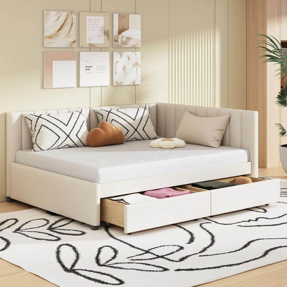 Harper & Bright Designs Beige Full Size Upholstered Wood Daybed with ...