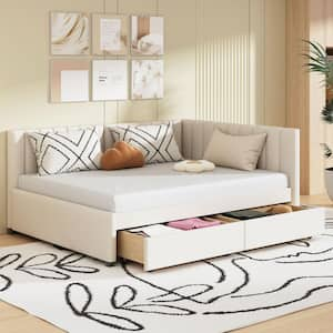 Beige Full Size Upholstered Wood Daybed with Storage Drawers, No Box Spring Needed