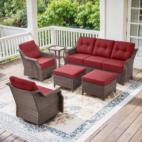 Henn Brown 6-Piece Wicker Patio Conversation Set with Swivel Rockers, Outdoor Sofa Seating Set with Red Cushions