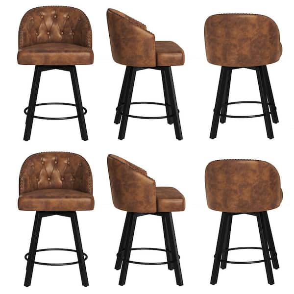 LUE BONA 26in. Brown Faux Leather Upholstered Metal Frame Counter Height Swivel Bar Stools With Bronze Rivets (Set of 6)