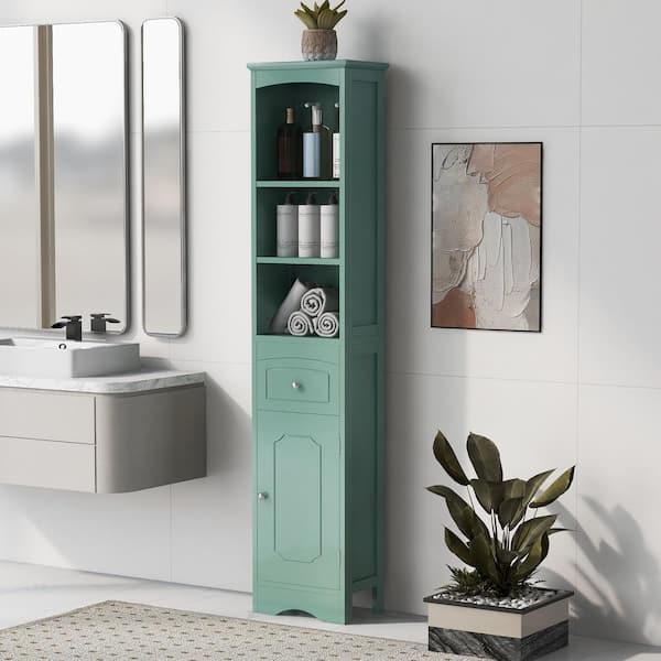 FAMYYT 13.4 in. W x 9.1 in. D x 67 in. H Green Bathroom Storage Linen Cabinet with Adjustable Shelf