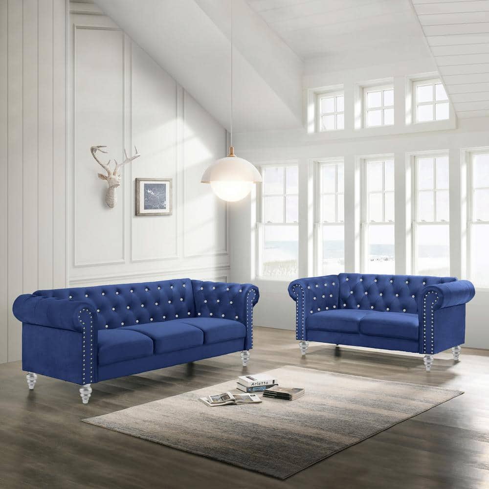 Emma Royal Blue Velvet Loveseat and Sofa Set with Crystal Buttons