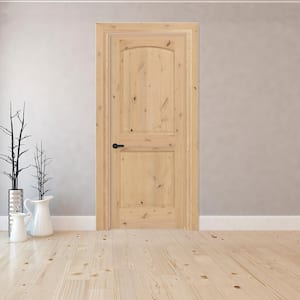 24 in. x 80 in. 2-Panel Round Top Right-Hand Unfinished Knotty Alder Single Prehung Interior Door with Bronze Hinges