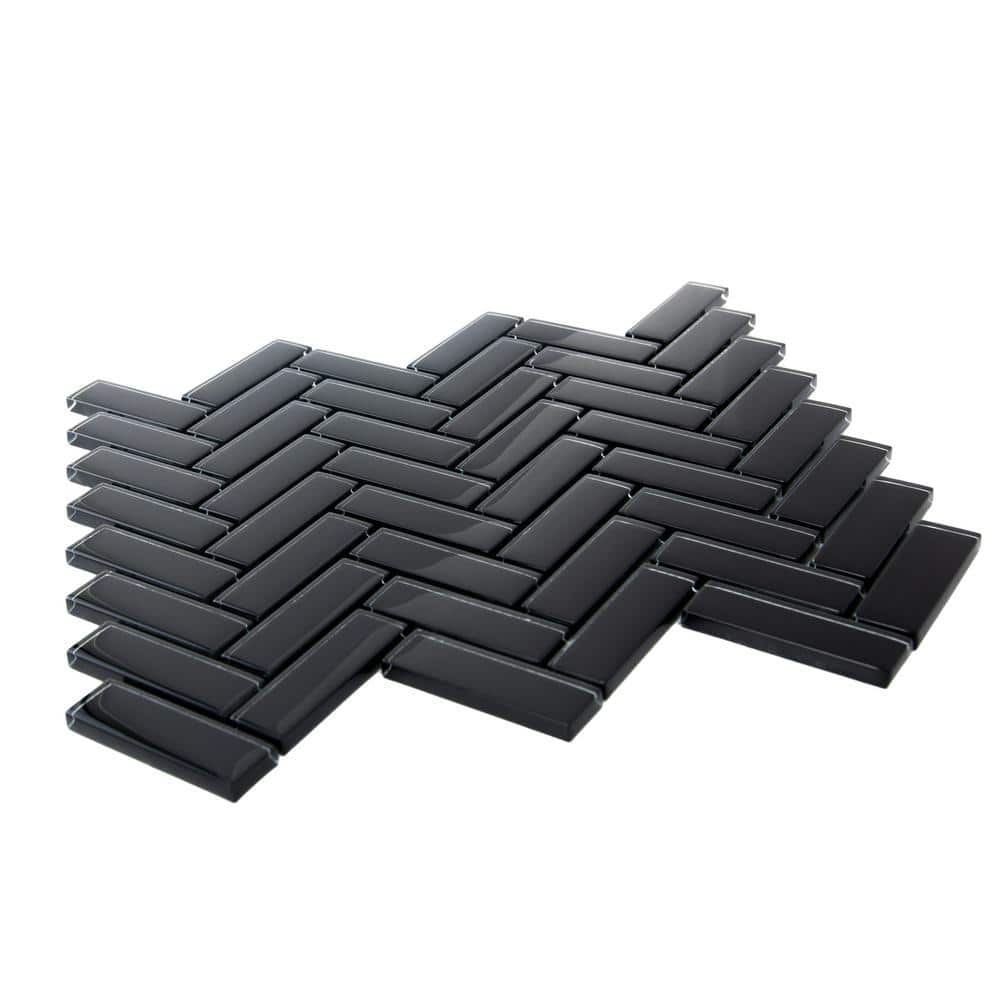 Black Herringbone Polished Glass Mosaic Tile for Walls