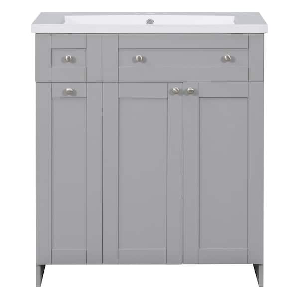 WELLFOR 30 in. W x 18 in. D x 34.5in. H Single Sink Freestanding Bath Vanity in Gray with White Ceramic Top