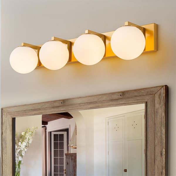 29.5 in. 4-Light Gold Vanity Light with White Glass Shade Modern Bathroom Light Fixture