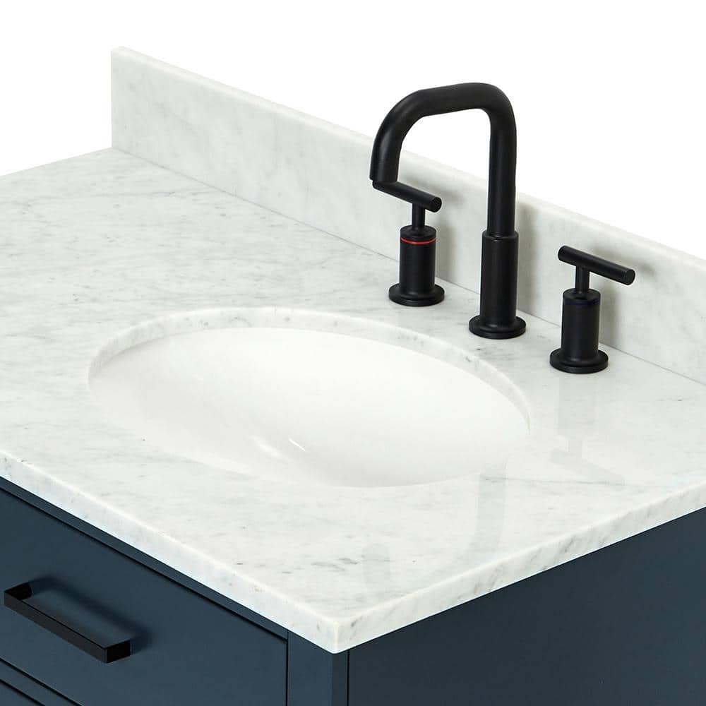 Midnight Blue 37" Freestanding Vanity with White Marble Top