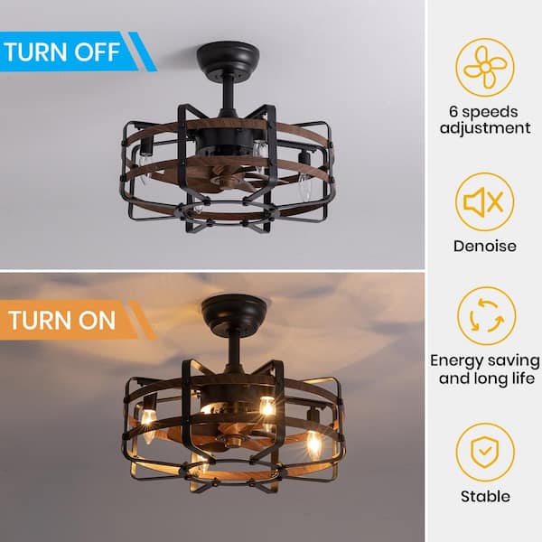 20 in. Indoor 4-Light Farmhouse Wood Grain Caged Ceiling Fan with Light Black Bladeless Ceiling Fan with Remote