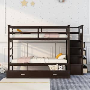 Espresso Twin Over Twin Bunk Bed with Trundle, Wood Bunk Bed Frame with Stairs and 4-Storage Drawers for Kids Teens