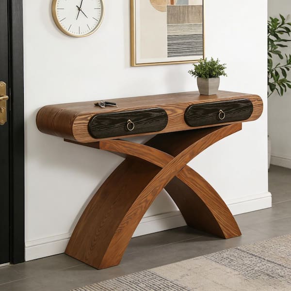 47.2 in. Beige Brown Rectangle Wood Top Console Table with Cross Leg