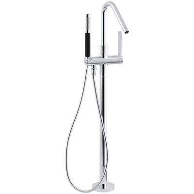 freestanding kohler tub polished chrome sunstruck oval handshower stillness faucet handle fluted drain shroud bathtub center
