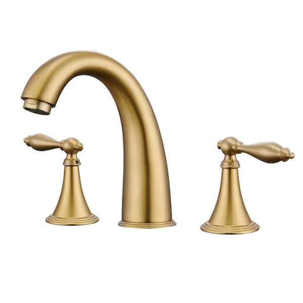 Mondawe 8 in. Widespread Double Handle Low Arc Bathroom Faucet with Drain Kit Included in Brushed Gold