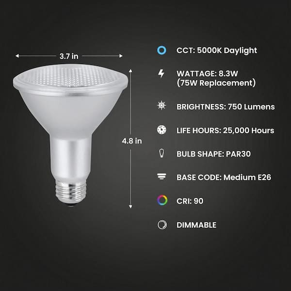 75-Watt Equivalent PAR30L Dimmable CEC Title 20 90 CRI E26 Flood LED Light Bulb, Daylight 5000K (24-Pack)