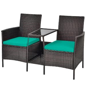 Wicker Patio Conversation Set Sofa Loveseat Glass Table with Turquoise Cushions