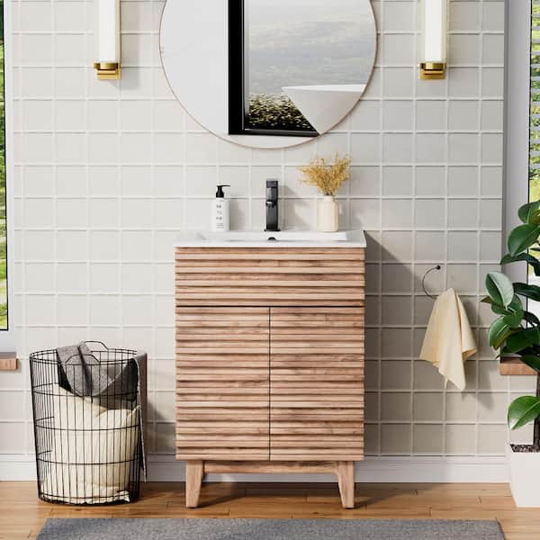 eclife 24 in. W x 17.7 in. D x 33.5 in. H Single Sink Bath Vanity in Oak with White Ceramic Top and Drain Faucet Set
