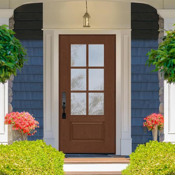Regency 32 in. x 80 in. 3/4-6 Lite Clear Glass LHOS Chestnut Stain Fiberglass Prehung Front Door