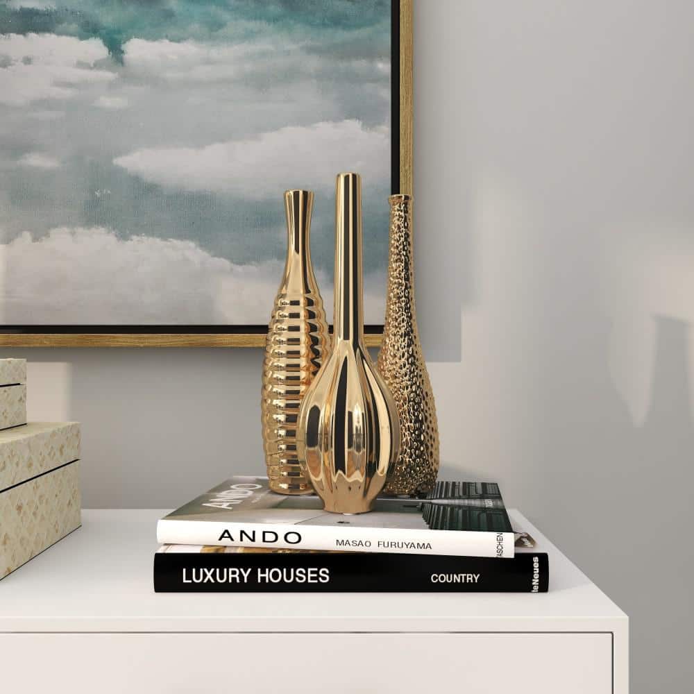 Gold Slim Textured Ceramic Vase Set of Three