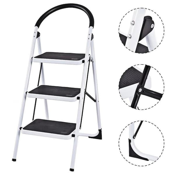 3 Step Ladder Folding Stool Heavy Duty 330Lbs Capacity Industrial Lightweight, Black