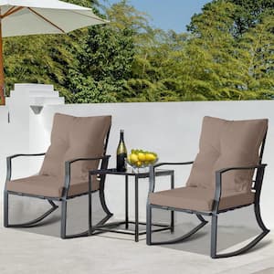 Black Rocking Chair 3-Piece Metal Outdoor Bistro Set with Khaki Cushions and Glass Coffee Table