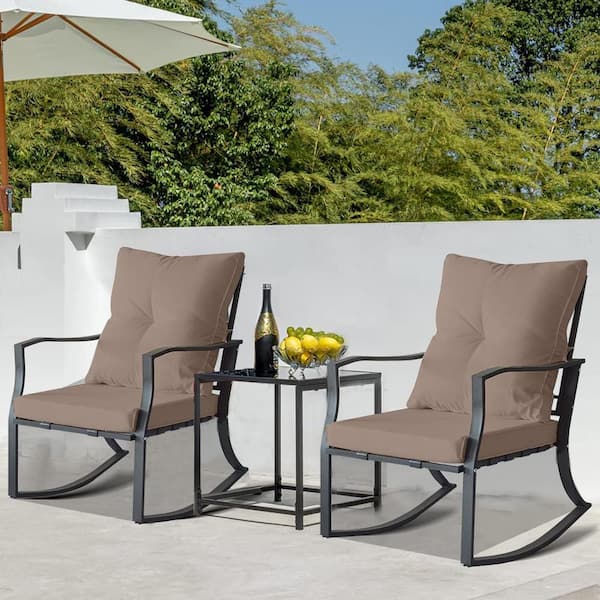 Cesicia Black Rocking Chair 3-Piece Metal Outdoor Bistro Set with Khaki Cushions and Glass Coffee Table