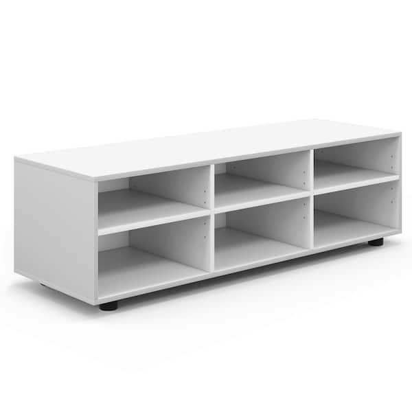 HONEY JOY White Wood TV Stand Fits TV's up to 55 in. TV Console Cabinet with 6 Open Compartments 3 Adjustable Shelves