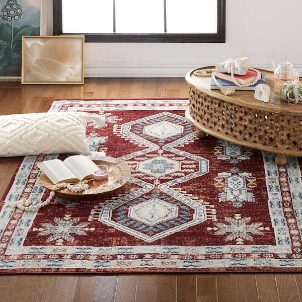 Treasure Saul Red/Navy Blue 5 ft. x 7 ft. Border Machine Washable Area Rug